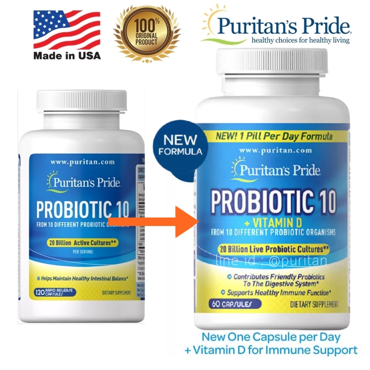 [60 capsules] Puritan's Pride Probiotic 10 with vitamin d 20 billion active cultures อาหารเสริม โปรไบโอติก ปรับสมดุลย์ระบบย่อย probiotic10