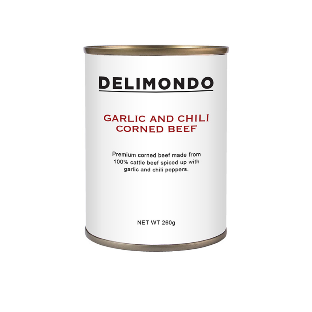 Delimondo Garlic and Chili Corned Beef เดลี่มอนโด คอร์น บีฟ เนื้อวัวปรุงรส รสกระเทียมและพริก บรรจุกระป๋อง 380 กรัม เนื้อวัว เนื้อกระป๋อง