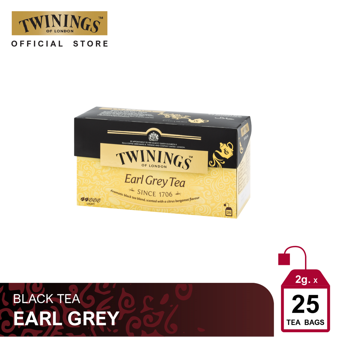 ทไวนิงส์ ชาสีทองอ่อน รสเบา เอิร์ล เกรย์ ชนิดซอง 2 กรัม แพ็ค 25 ซอง Twinings Earl Grey Tea 2 g. Pack 25 Tea Bags