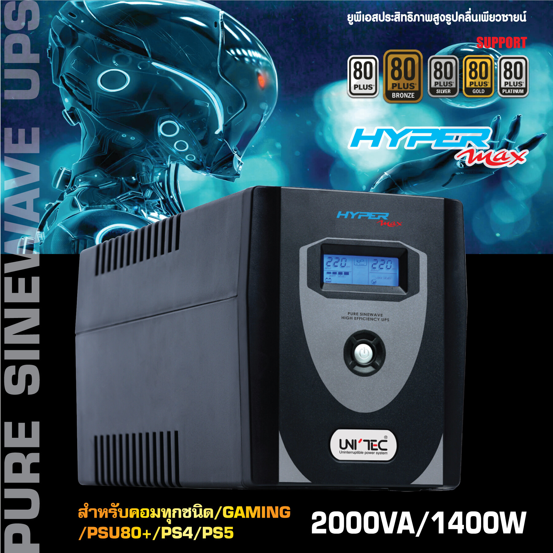 PURE SINEWAVE UPS : HYPERMAX-2000VA/1400W ซายน์เวฟ100% สำหรับคอมทุกชนิด/คอมประกอบ/PSU80+/GAMING/iMac,PS4/PS5 สำรองไฟ 20-40นาที รับประกัน 2 ปี