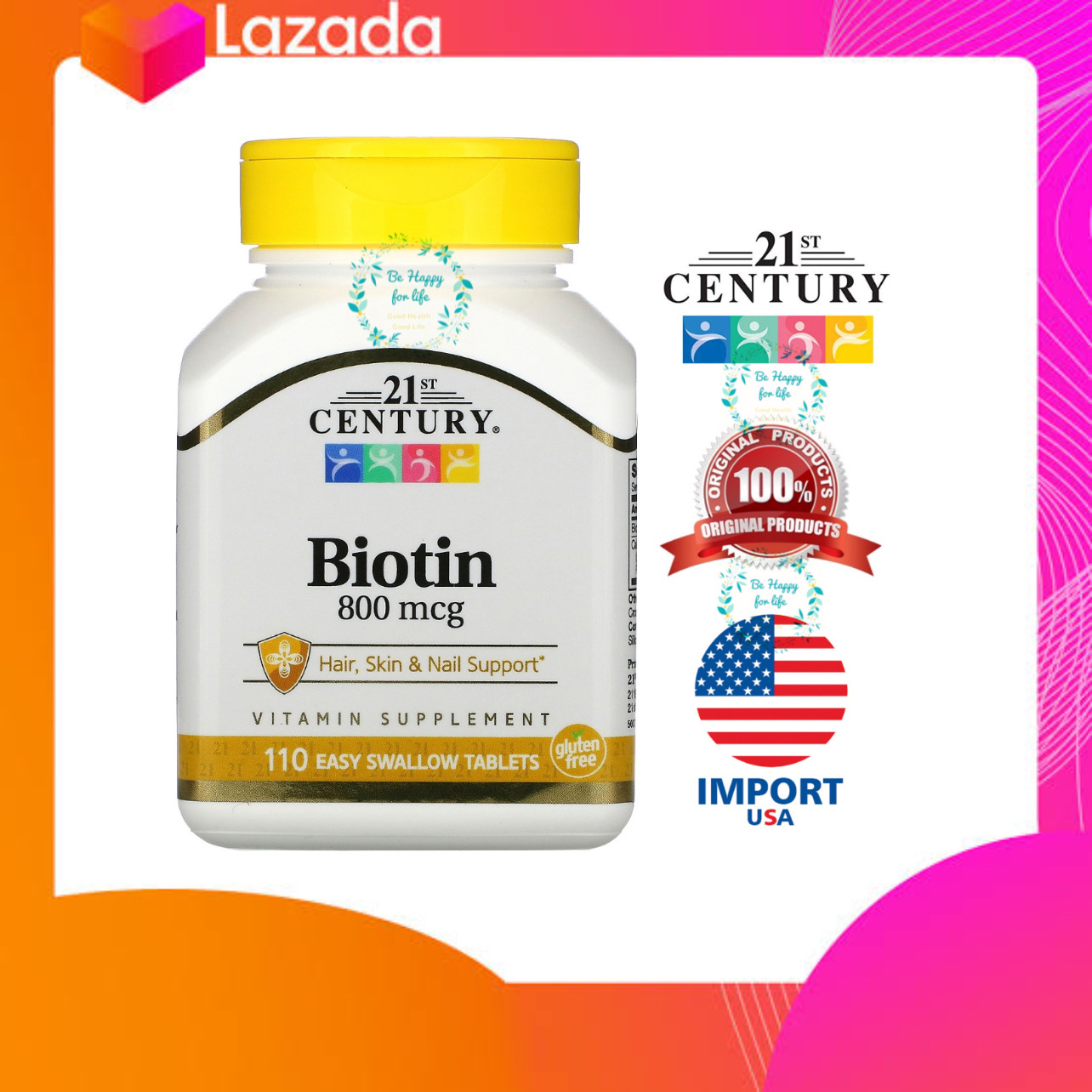 21st Century, Biotin, 800 mcg, 110 Easy Swallow Tablets (สินค้านำเข้า ของแท้ 100%)