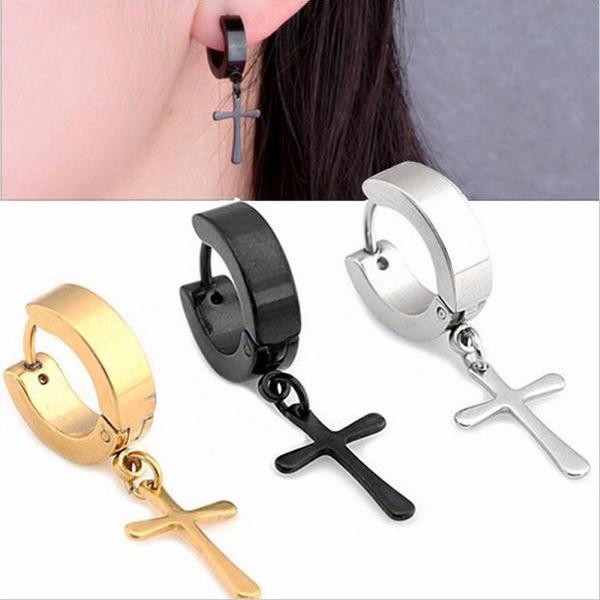 ต่างหู ตุ้มหู จิว ต่างหูผู้ชาย Cross Earrings for Men Stainless Steel Pendant Stud Earrings Punk Rock Style Male Men Earrings Jewelry- 1 ข้าง