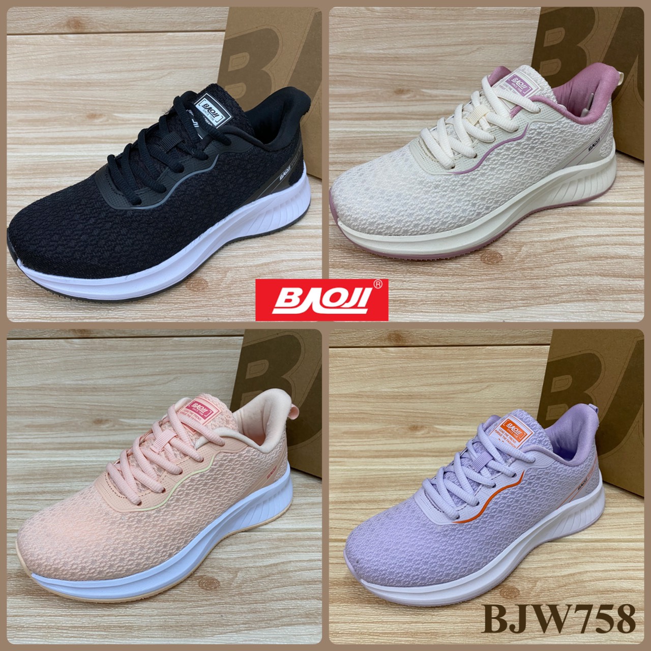 Baoji BJW 758 รองเท้าสนิกเกอร์  (37-41) สีดำ/ครีม/ชมพู/ม่วง