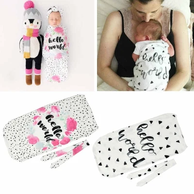 Infant Newborn Toddler Swaddle Blanket Baby Sleeping Bag Headband Hello World