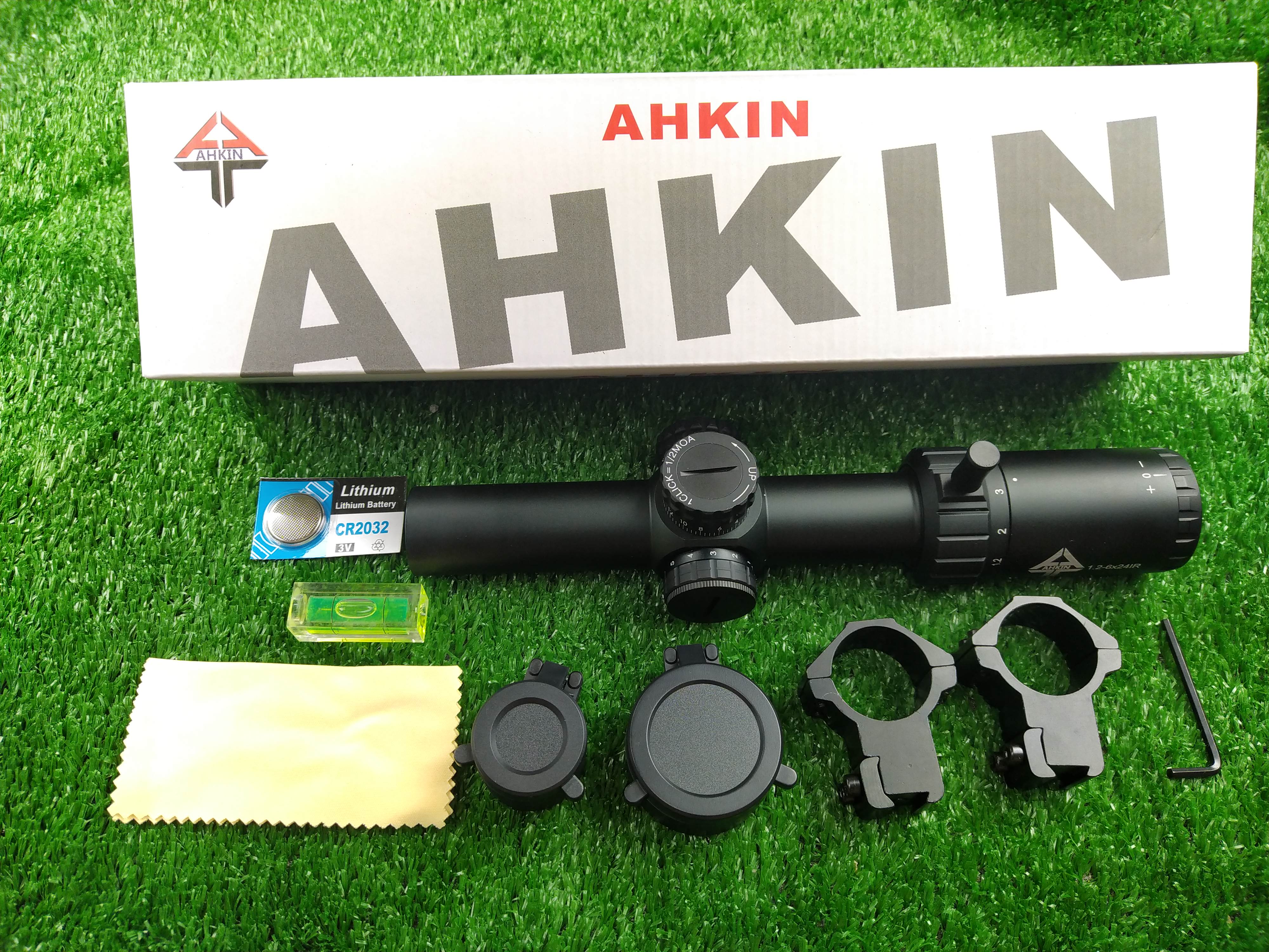 กล้อง AHKIN1.2-6x24IR ปรับนอก มีไฟ2สี เเดงเขียว ของเเท้ เกรด AAA รับประกัน 1 เดือน แถมฟรี ฝากระดกหน้าหลัง