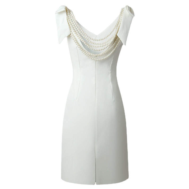 Glary Star French Celebrity Pearl Backless Design Bowknot Slim White Dress Evening Dress Dress