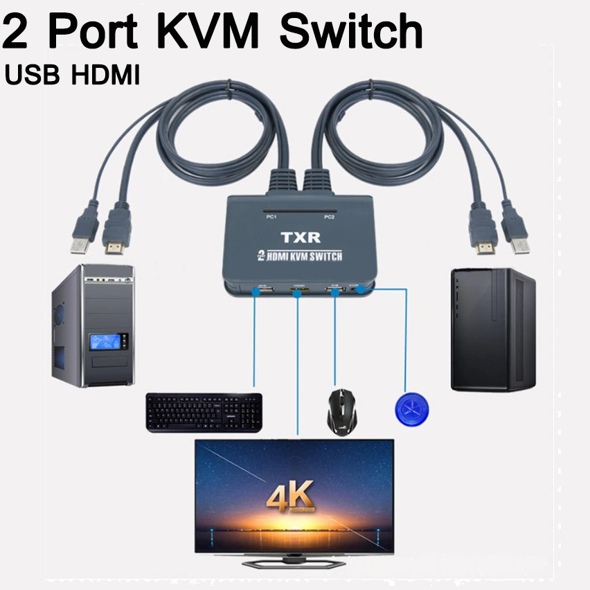 2 Port Computer Desktop Controller With Cables Dual Monitor USB HDMI Accessories Button Notebook Splitter Box KVM Switch