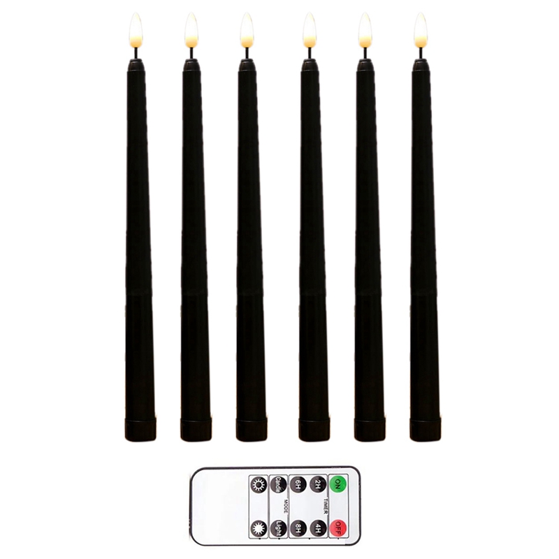 12Pcs Flameless Black Taper Candles Flickering with 10Key Remote Timer