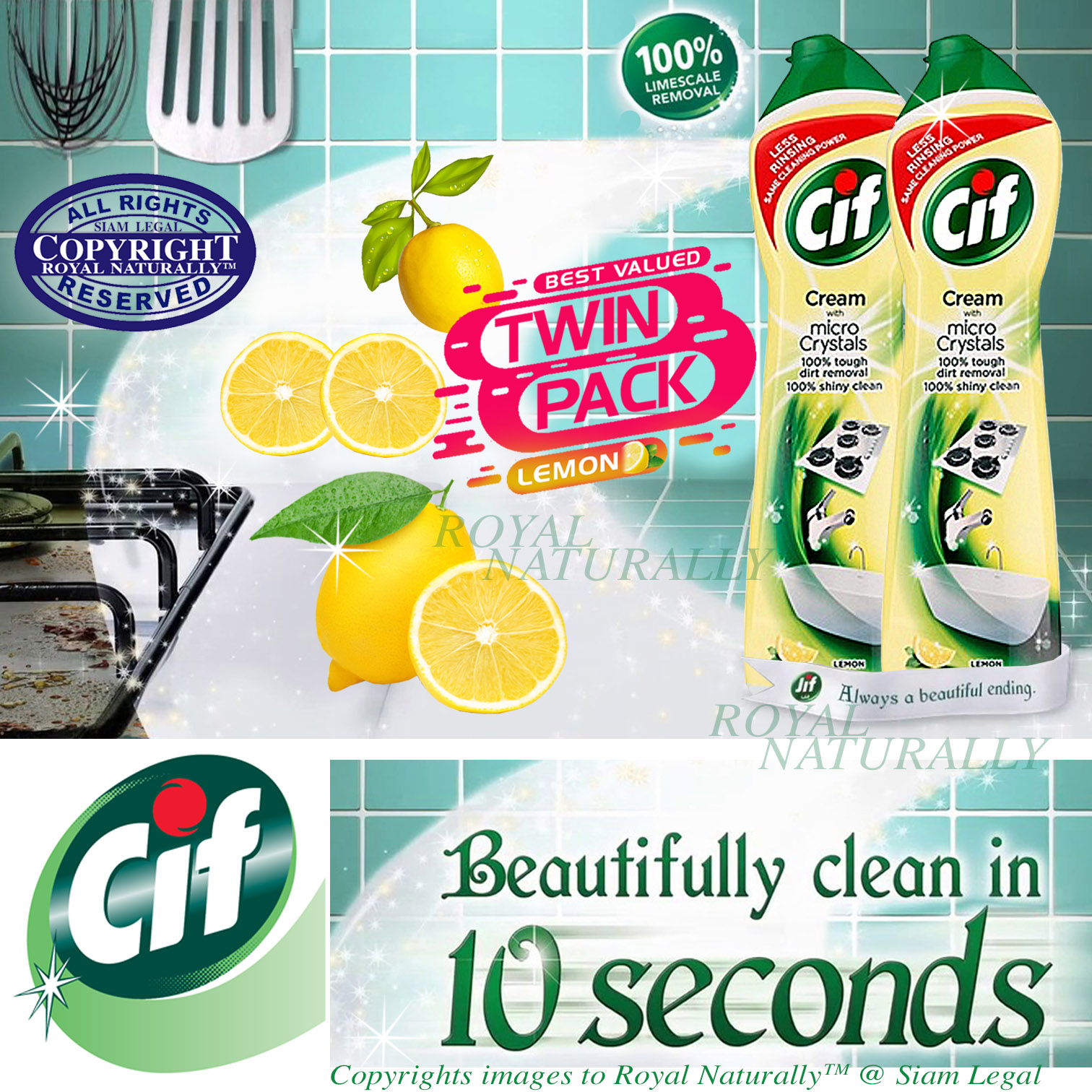 CIF Multi-Purpose Kitchen Cleaning Cream LEMON ครีมล้างครัวอเนกประสงค์ มะนาว 500ml X 2 Pack