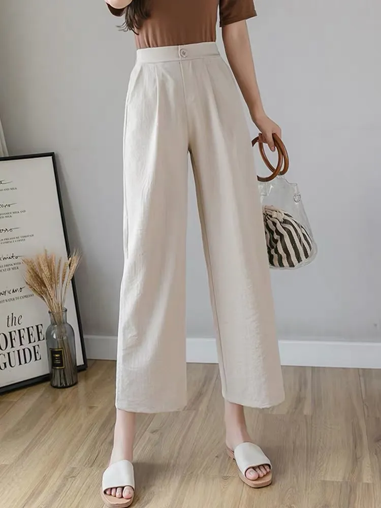กางเกงแฟชั่นเกาหลี ผ้าลินิน เอวยางยืด เอวใส่ได้ S ถึง L   สะโพก38-42  ผ้าใส่สบาย ไม่ร้อน ขากระบอกใหญ่ กางเกงผู้หญิง ฟรีไซล์