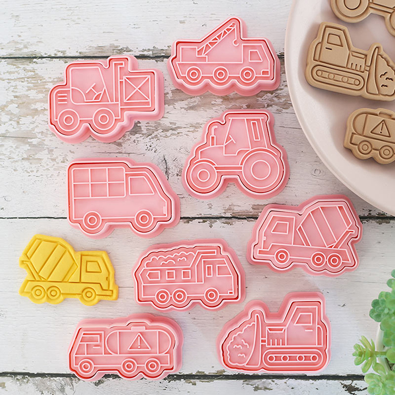 8PCS Engineering Truck Cookie Cutter Plastic 3D Cartoon Pressable Biscuit Mold