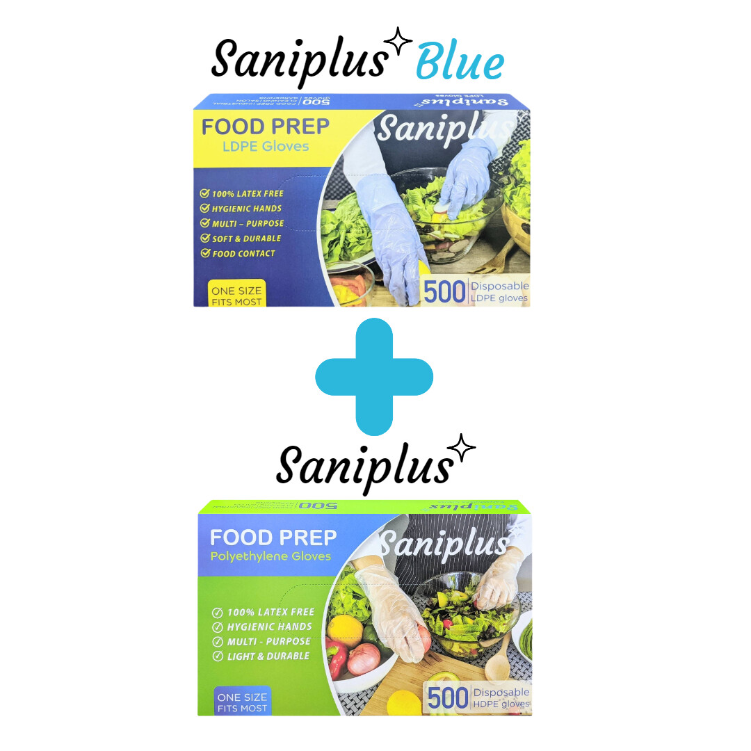 แพ็คคู่สุขสันต์ ถุงมือพลาสติกอเนกประสงค์ Saniplus 500 ใบ+Saniplus Blue 500 ใบ(สีฟ้า+สีขาว)