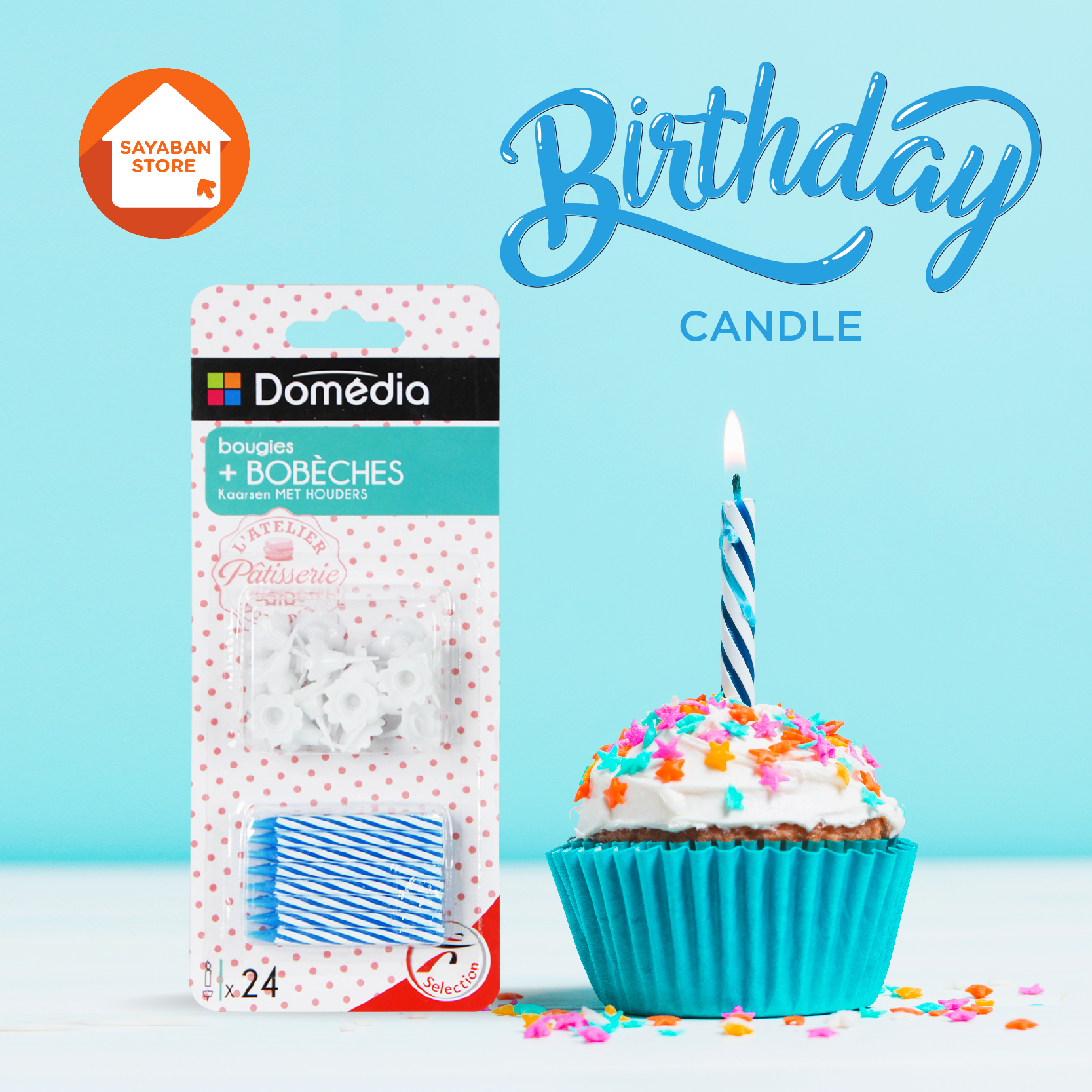 Birthday candle - เทียนวันเกิด สีฟ้า พร้อมฐานรอง แพ็คละ 24 เล่ม