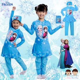 Swimming Suit for Girl Disney Frozen ชุดว่ายน้ำเด็กผู้หญิง สีฟ้า บอดี้สูทเสื้อแขนยาวกระโปรงกางเกงขายาว พร้อมหมวกว่ายน้ำและถุงผ้า ลิขสิทธิ์แท้