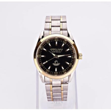 AMERICA EAGLE นาฬิกาข้อมือผู้หญิง หน้าปัดสีดำขอบทองสายStainlessรุ่น LUCKY AE023G