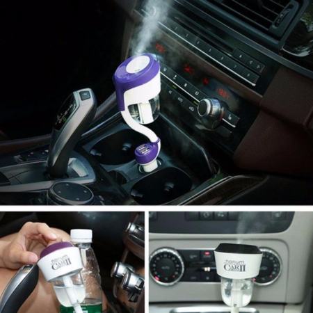 เครื่องฟอกอากาศในรถยนต์ แบบไฟชาร์ตในรถ ปรับความชื้น Car Humidifier Air Purifier Freshener Aromatherapy พร้อมช่องเสียบ ชาร์ต USB 2 ช่องในตัว สีม่วง