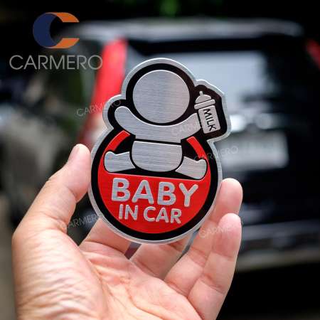 Carmero สติ๊กเกอร์ มีเด็กในรถ ความปลอดภัย รถยนต์ คาร์ซีท เด็ก ป้าย อลูมิเนียม Baby In Car Aluminum Sticker High Quality Safety Sign (ชมพู)