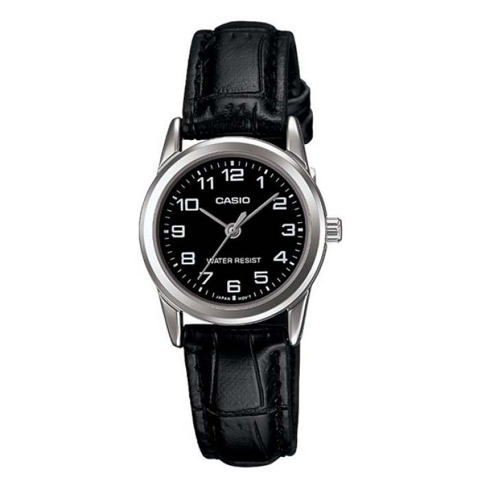 Casio Standard นาฬิกาข้อมือผู้หญิง สายหนังสีดำ/หน้าปัดสีดำ รุ่น LTP-V001L-1BUDF