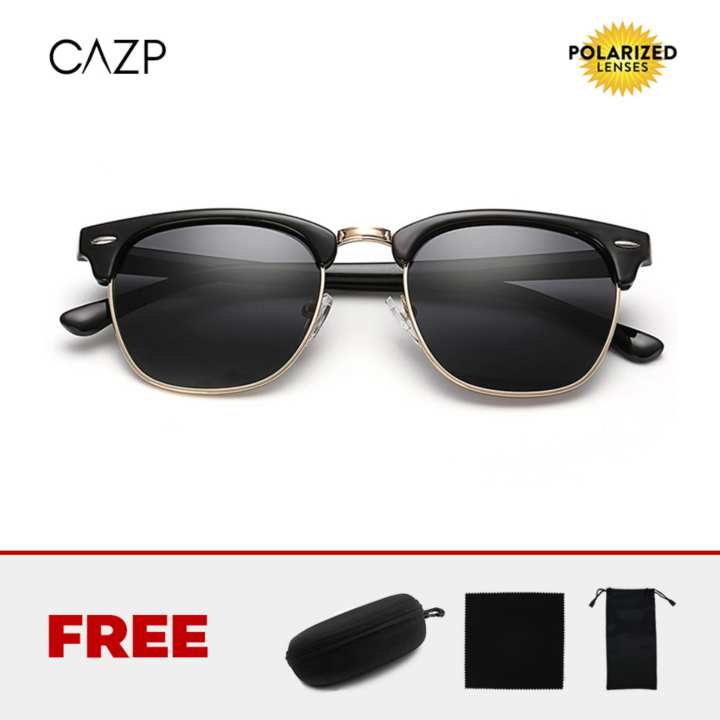 CAZP Sunglasses แว่นกันแดด Classic Clubmaster Style รุ่น 3016 Polarized กรอบดำทอง/เลนส์สีดำ (Black Gold/Black) สวมใส่ได้ทั้งชายและหญิง 51mm