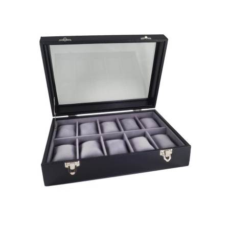 Fancybox ตู้นาฬิกาไม้บุหนังเรือนเจาะฝากระจก ผ้ากำมะหยี่ สำหรับนาฬิกา 10 เรือน - Black-Grey