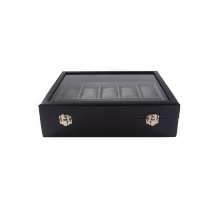 Fancybox ตู้นาฬิกาไม้บุหนังเรือนเจาะฝากระจก ผ้ากำมะหยี่ สำหรับนาฬิกา 10 เรือน - Black-Grey