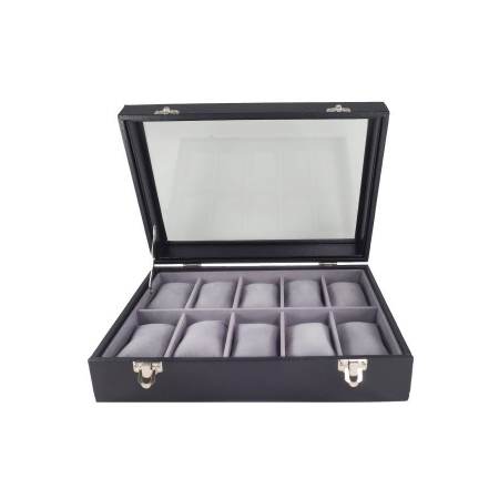 Fancybox ตู้นาฬิกาไม้บุหนังเรือนเจาะฝากระจก ผ้ากำมะหยี่ สำหรับนาฬิกา 10 เรือน - Black-Grey Fancybox ตู้นาฬิกาไม้บุหนังเรือนเจาะฝากระจก ผ้ากำมะหยี่ สำหรับนาฬิกา 10 เรือน - Black-Grey