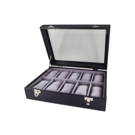 Fancybox ตู้นาฬิกาไม้บุหนังเรือนเจาะฝากระจก ผ้ากำมะหยี่ สำหรับนาฬิกา 10 เรือน - Black-Grey