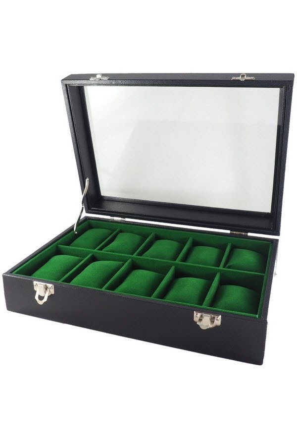 Fancybox ตู้นาฬิกาไม้บุหนังเรือนเจาะฝากระจก ผ้ากำมะหยี่ สำหรับนาฬิกา 10 เรือน - Black-Grey