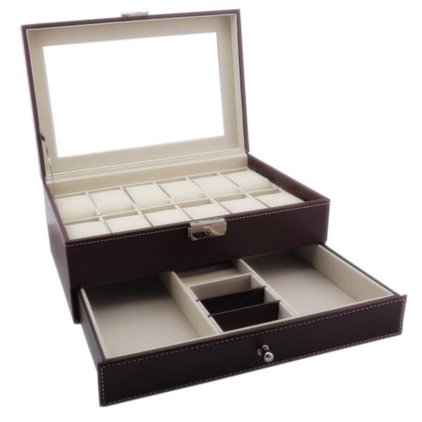Fancybox กล่องนาฬิกาไม้บุหนัง 2 ชั้น สำหรับนาฬิกา 12 เรือน + ใส่เครื่องประดับ (Brown)