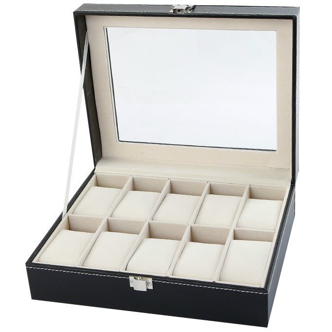 Fancybox ตู้นาฬิกาไม้บุหนังเรือนเจาะฝากระจก ผ้ากำมะหยี่ สำหรับนาฬิกา 10 เรือน - Black-Grey