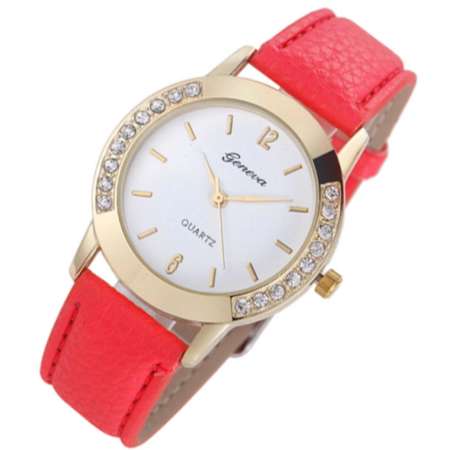 Geneva Watch นาฬิกาข้อมือแฟชั่นผู้หญิง สายหนังขอบเพชร สีชมพูเข้ม Hot Pink รุ่น WM0075 Geneva Watch นาฬิกาข้อมือแฟชั่นผู้หญิง สายหนังขอบเพชร สีชมพูเข้ม Hot Pink รุ่น WM0075
