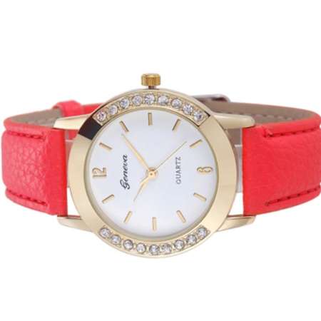 Geneva Watch นาฬิกาข้อมือแฟชั่นผู้หญิง สายหนังขอบเพชร สีชมพูเข้ม Hot Pink รุ่น WM0075 Geneva Watch นาฬิกาข้อมือแฟชั่นผู้หญิง สายหนังขอบเพชร สีชมพูเข้ม Hot Pink รุ่น WM0075