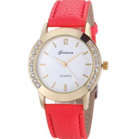 Geneva Watch นาฬิกาข้อมือแฟชั่นผู้หญิง สายหนังขอบเพชร สีชมพูเข้ม Hot Pink รุ่น WM0075