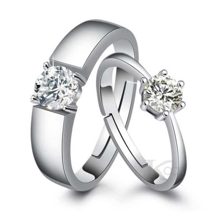 Kaari แหวน คู่รัก ประดับเพชร CZ ขนาดปรับได้ตามนิ้ว (สีเงิน)