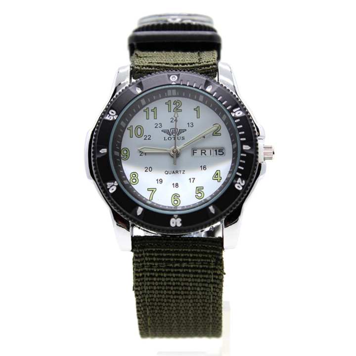 LOTUS นาฬิกาข้อมือ ระบบ Quartz 3เข็มวันที่,สัปดาห์ สไตล์ทหารเดินป่าพร้อมเข็มทิศ เรือนโลหะ สายผ้าไนลอน รุ่น US-S