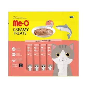 ข้อมูล Me-o Creamy Treats Salmon 15g x 20 units (1 Pack)   มีโอ ขนมแมวเลีย รสปลาแซลมอน บรรจุแพ็คละ 20 ซอง ซองละ 15 กรัม (จำนวน 1 แพ็ค) รีวิว