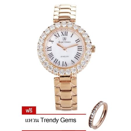 Royal Crown นาฬิกาผู้หญิง สายสแตนเลส ประดับเพชร รุ่น 6305-SSL - สีพิงค์โกลด์ (แถมฟรี แหวนเพชร CZ)