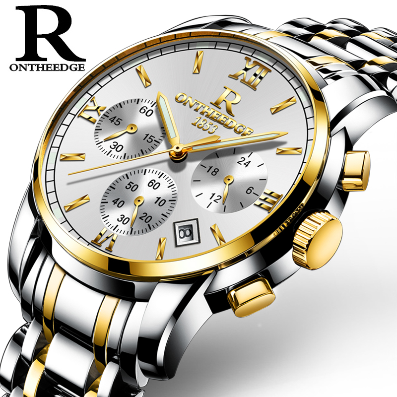 R ONTHREEDGE นาฬิกาข้อมือควอตซ์สายเหล็ก พร้อมหน้าปัดเรืองแสงสำหรับคู่รัก