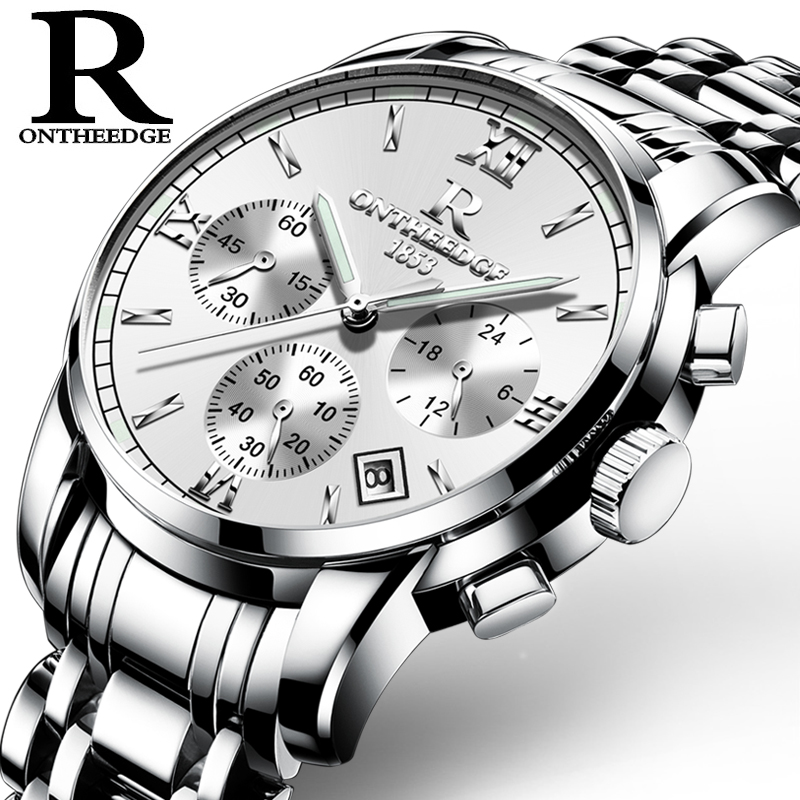 R ONTHREEDGE นาฬิกาข้อมือควอตซ์สายเหล็ก พร้อมหน้าปัดเรืองแสงสำหรับคู่รัก