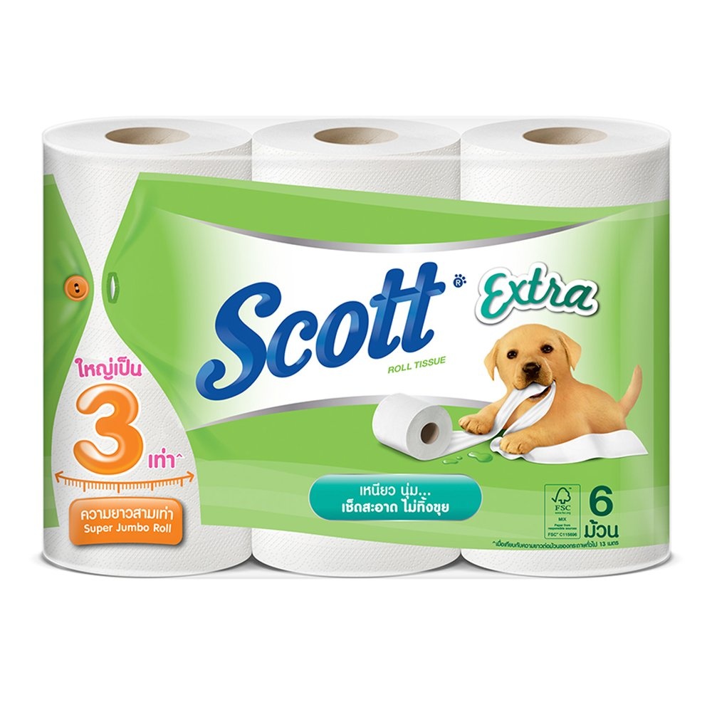 Scott Extra กระดาษทิชชู่สก๊อตต์ เอ็กซ์ตร้า ความยาวสามเท่า 6 ม้วน (กระดาษชำระ)