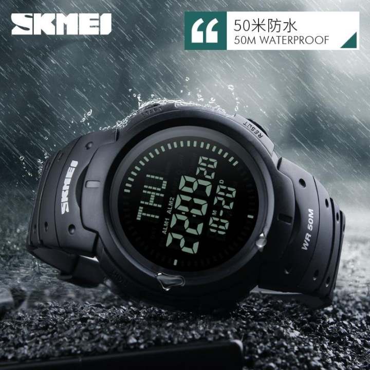 SKMEI 1231 นาฬิกาอิเล็กทรอนืกซ์ จอแสดงผล LED สำหรับผู้ชาย เพื่อการเล่นกีฬากลางแจ้ง มีเข็มทิศสำหรับเดินเขา - สีดำ