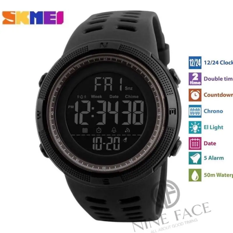 ภาพสินค้าลดจากป้ายอีก 50  SKMEI 1251 (ตั้งเวลาไทยให้ ส่งเร็ว พร้อมกล่องใบรับประกันครบเซ็ท 100% ) นาฬิกาข้อมือผู้ชาย มัลติฟังชั่น รุ่น SK-1251 (All Black) จากร้าน NINE FACE บน Lazada ภาพที่ 2