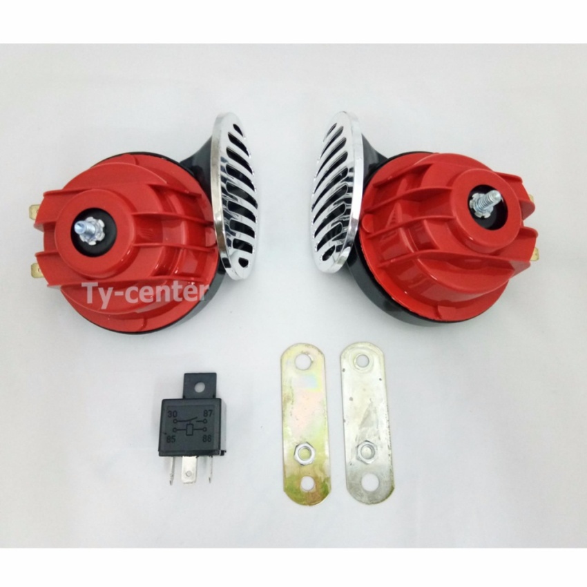 Ty – CAR HORN แตรหอยโข่ง แตรรถ 1 คู่ (2 ชิ้น) TWIN TONE HORN SET 12V สีดำ-แดง 