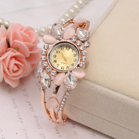 YBC ผู้หญิงดอกไม้กำไลไรน์สโตนนาฬิกาควอตซ์หรูนาฬิกาข้อมือ - INTL