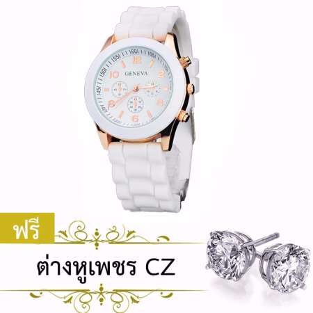 GENEVA นาฬิกาข้อมือ แพ็คคู่ ฟรีต่างหูเพชร สายซิลิโคนนุ่ม สไตล์แบรนด์ดัง รุ่น ZD-0039+BG-E0006