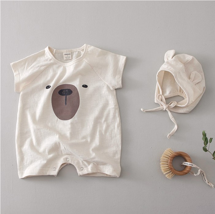 Newborn Baby Romper Cotton Soft Short Sleeve Jumpsuit Baby Boy Cute Bear Pattern Overalls with Hat Suit 0-24 Months