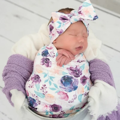 Blanket Cap and Headband Set Baby Floral Print Swaddle Blanket Bowknot Hat Headwear