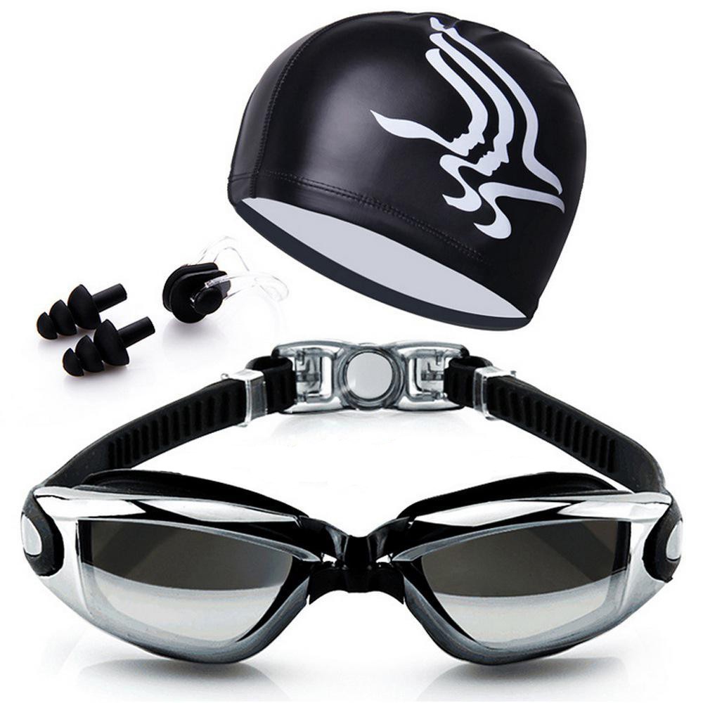 ชุดแว่นตาว่ายน้ำผู้ใหญ่ แว่นตาว่ายน้ำ ผู้หญิงและชาย กรอบแว่นตาขนาดใหญ่ แว่นตา + ที่อุดหู + หมวก