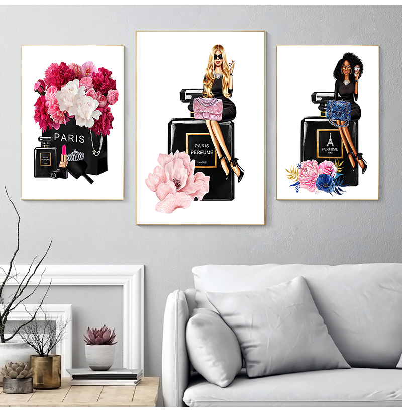 Fashion Girl Paris Perfume Lipstick Flower Wall Art Canvas Painting ...