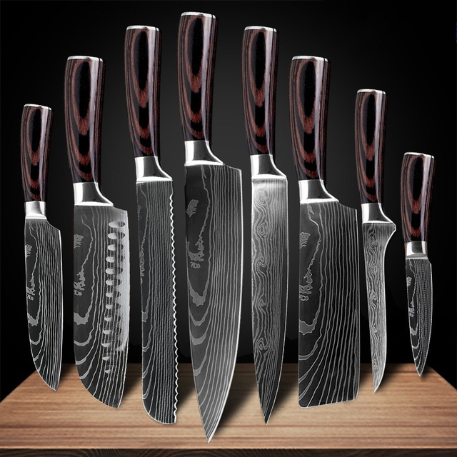 มีดทำครัว มีดทำครัวญี่ปุ่น มีดสแตนเลส มีดคม มีดยูทิลิตี้ มีดครัว เครื่องมือทำอาหาร Japanese Kitchen Knife Set Laser Damascus Pattern Stainless Steel Sharp Cleaver Slicing Utility Knives Kitchen Tools